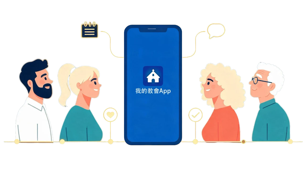 不同年齡的弟兄姊妹圍著手機裡的「我的教會 App」，行事曆、對話、簽到都連在一起