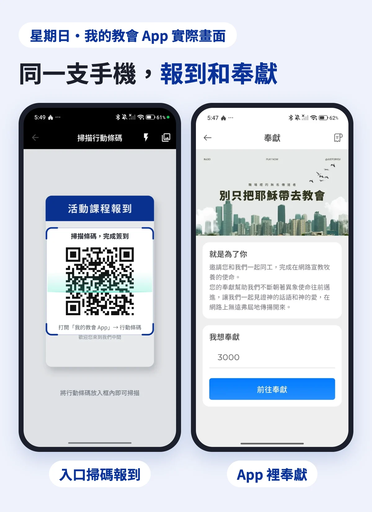 「我的教會 App」的實際畫面：左邊是在入口掃描行動條碼報到，右邊是 App 裡的奉獻頁